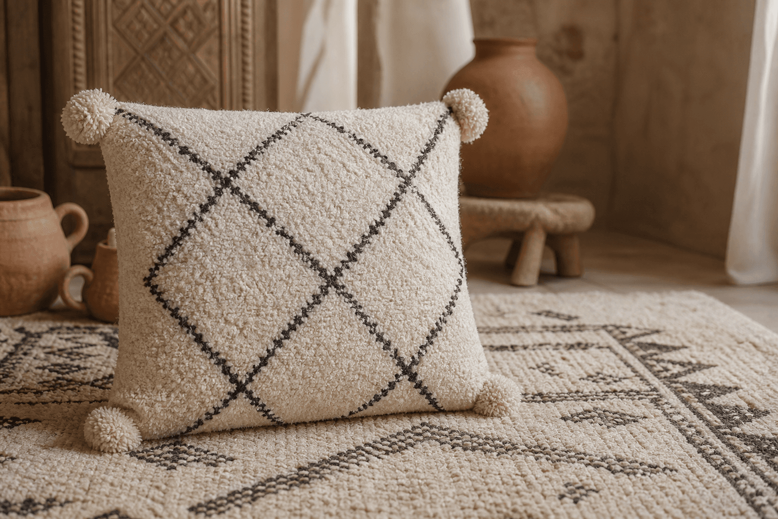 Moroccan Beni Ourain pom-pom pillow with charcoal diamond motif on an Atlas Berber rug